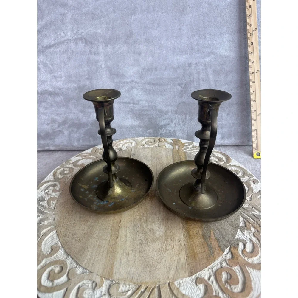 Vintage‎ Solid Brass Chamberstick Candle Holders Pair Finger Loop Handle 7 Inch